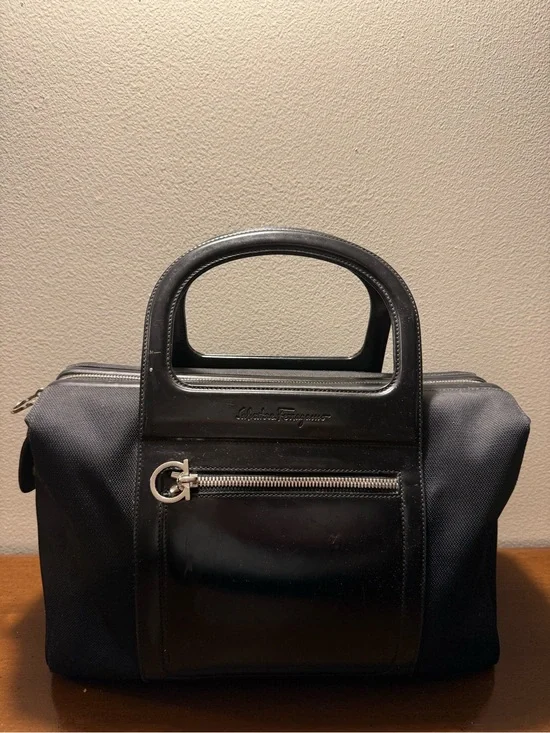 Salvatore Ferragamo Black Leather & Fabric Duffel Bag