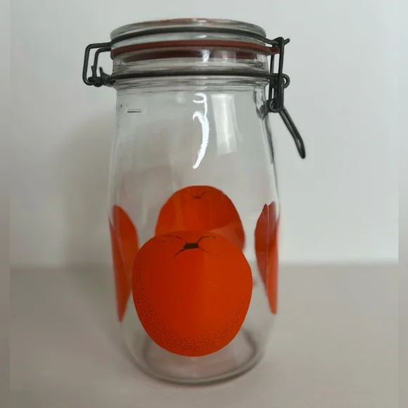 Vintage 60's The Cannery‎ Hinged Glass Jar Container with Orange Design 1.5L