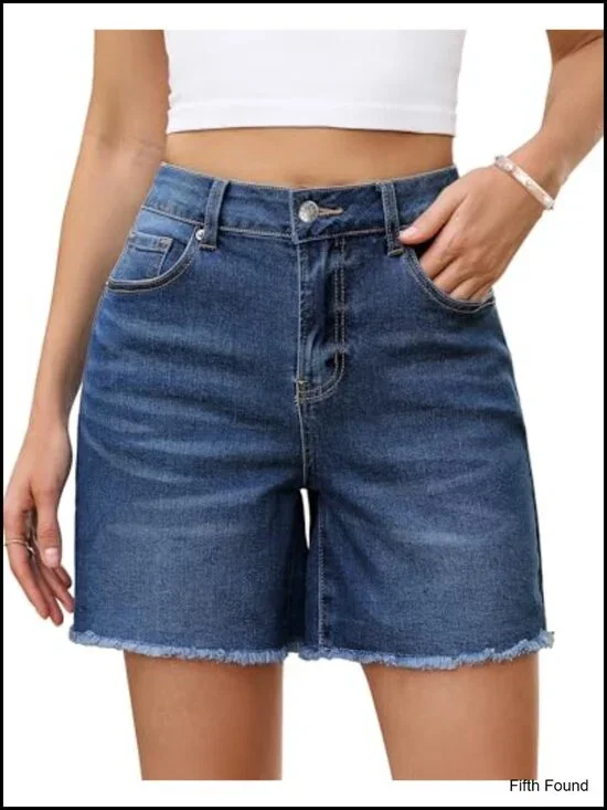High Waisted Raw Hem Distressed Stretchy Denim Shorts Jorts