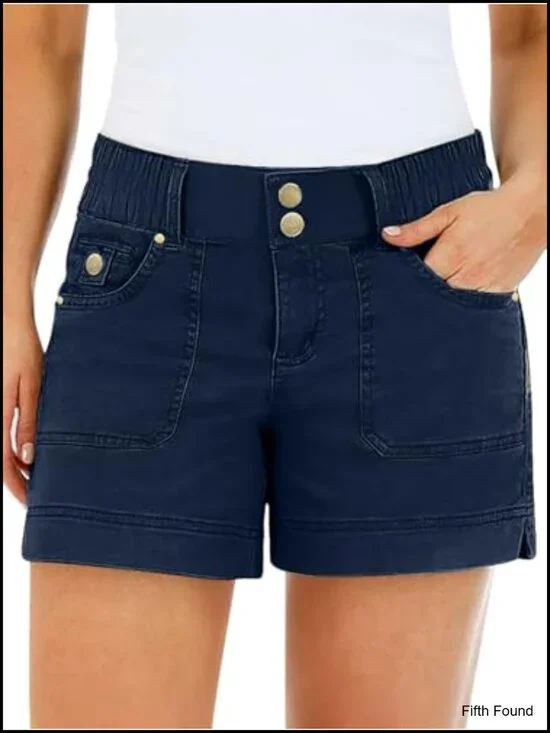 Solid Split Side Flap Pocket Casual Shorts Mid Waist