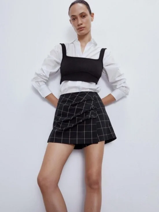 NWOT Zara Windowpane Faux Wrap Skort
