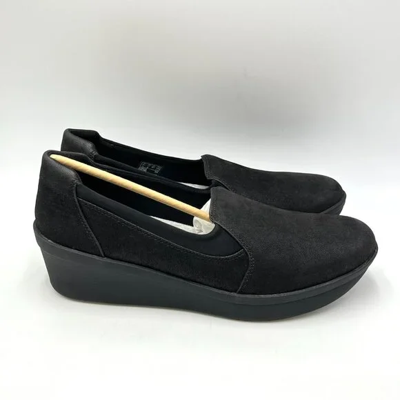 Clarks Womens Size‎ 11 Step Rose Moon Black Comfort Wedges Loafers Shoes New