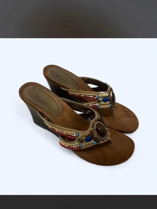 Bass Brown Beaded Suede Wedge Sandals