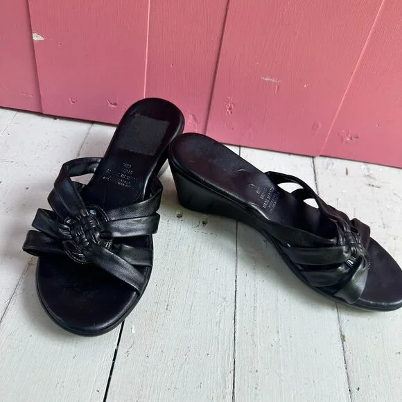 Vintage Y2K Naturalizer Italy Black Leather Knot Wedge Slide Sandals 8.5