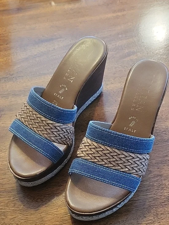 Italian Shoemakers Women's Blue Denim and Brown Wedge Slide Sandals Size 7.5