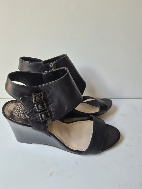 Vince Camuto Black Leather Triple-Buckle Wedge Sandals