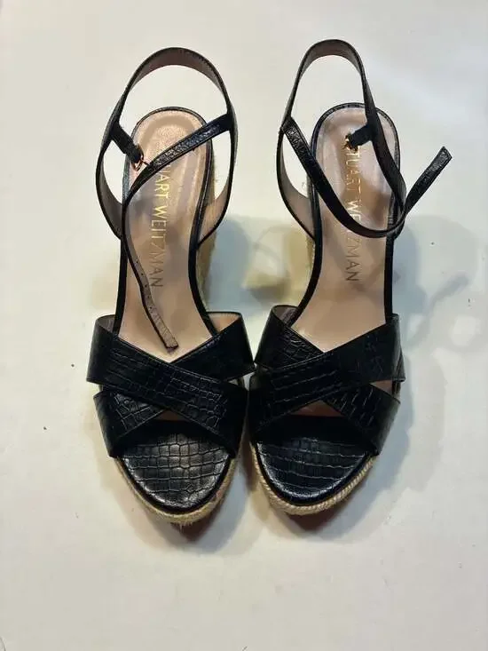 Stuart Weitzman Dayna Black Croc-Embossed Leather Espadrille Wedge Sandals