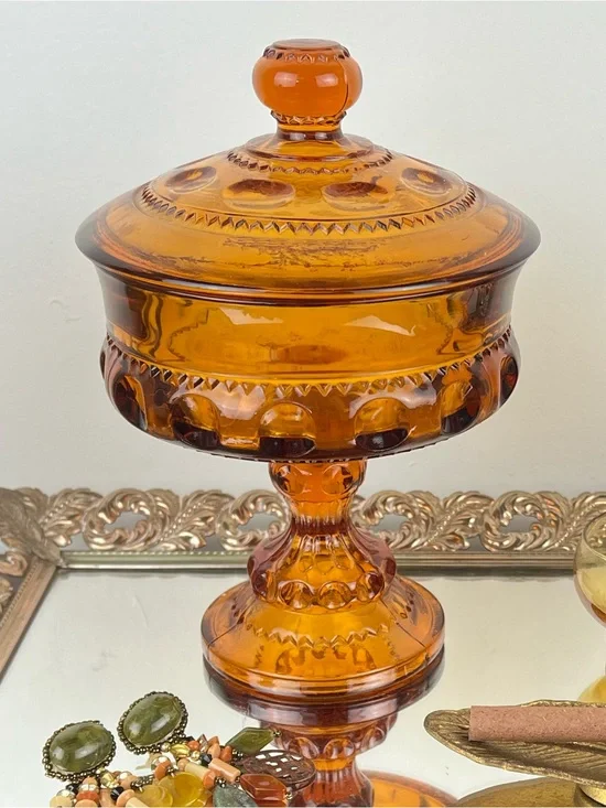 Vtg 1960-70s Amber King's Crown Pedestal Candy Dish Thumbprint Lidded Compote