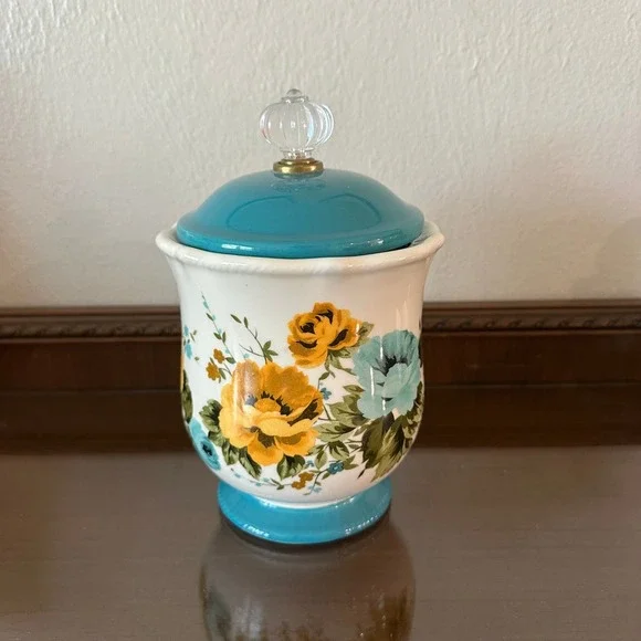 The Pioneer Woman Rose Shadow Stoneware Canister Teal Floral 8'' 38.5oz