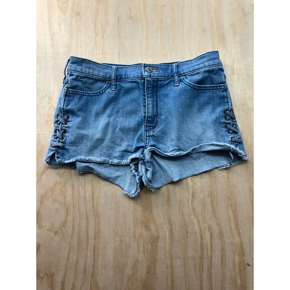 Hollister High Rise Short-Short‎ Denim Cutoffs Lace Up Side Blue Womens 7 W28