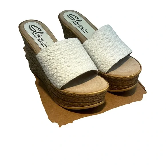 Sbicca Vintage Collection White Woven Platform Wedge Slide Sandals Womens 9 Boho