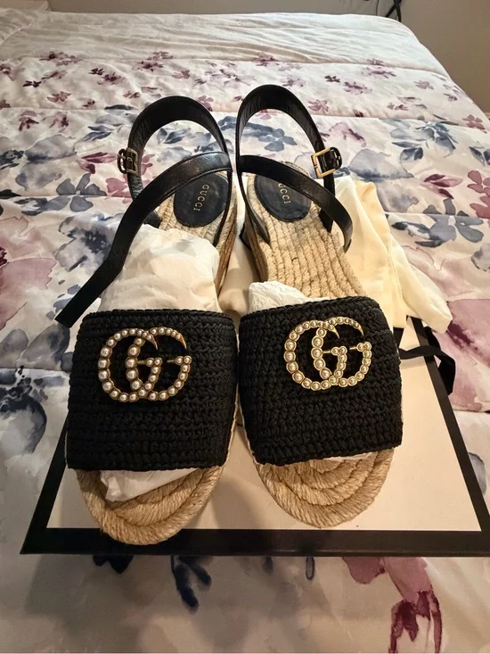Gucci Black crochet espadrille wedges with Pearl GG Logo and Jute Sole NWOT