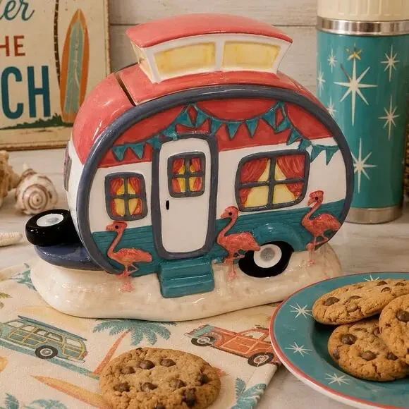 Blue Sky Clayworks Flamingo Camper Cookie Jar Retro Trailer Coastal Decor