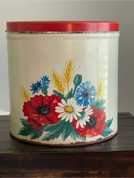 Vintage Floral Tin Canister with Red Lid