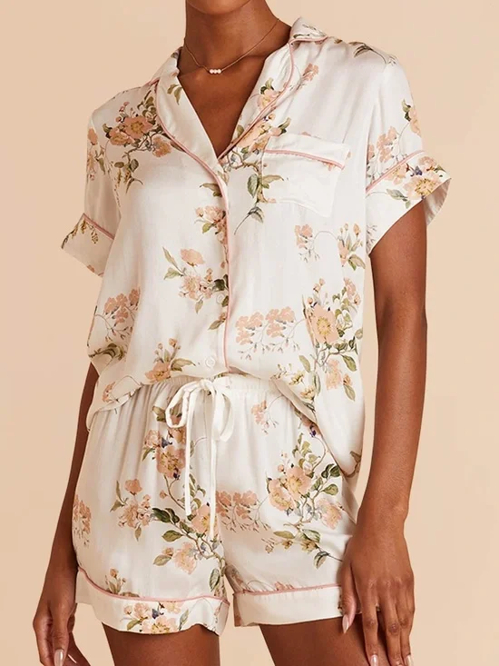 Birdy Grey Floral Short Pajama Set - Cream with Pink Floral