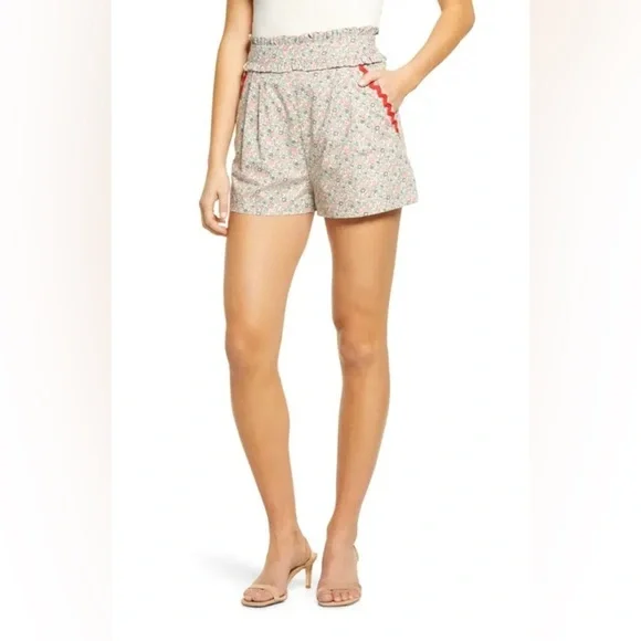 English Factory Micro Floral Ruffle Waist Shorts Red Trim Cottagecore Size Large
