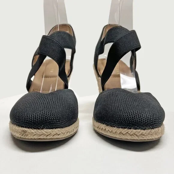 Kelly & Katie Brynn Black Espadrille Wedge Sandals Size 8.5 Crossover Straps