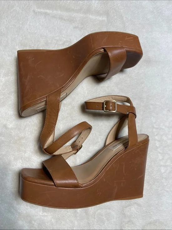 ANTONIO MELANI Tan Leather Platform Wedge Sandals with Slingback Ankle Strap Sz6