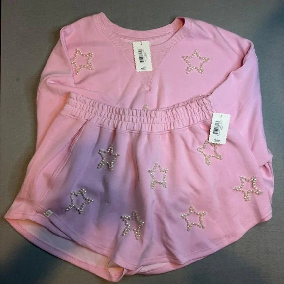 Simply Southern Pink Pearl Star Pullover and Skort Lounge Set Large NWT