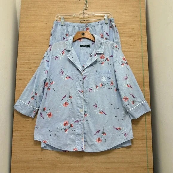 Lauren Ralph Lauren Blue Floral Pajama Set 3/4 Sleeve Button Top Crop Pants L