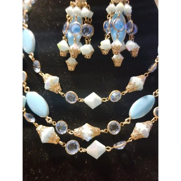 VTG Alice Caviness Blue Aurora Borealis 3 Strand Necklace Chandelier Earrings