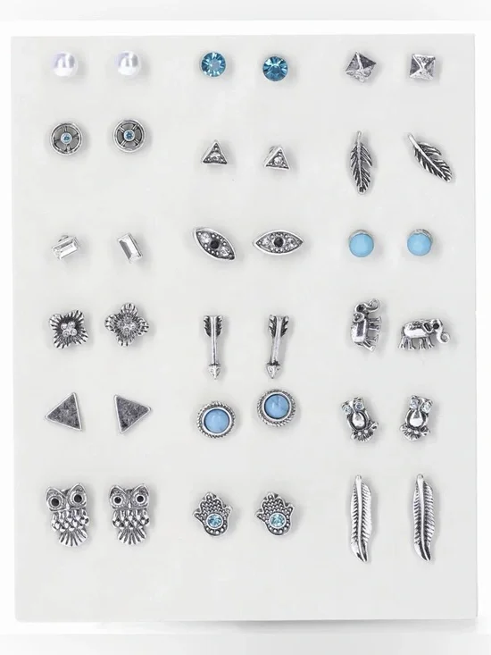 Silver With Blue Accents Stud Earring Set - 18 Pairs