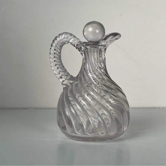 Vintage Clear Glass Oil /Vinegar Cruet Bottle With Swirl Pattern & Ball Stopper