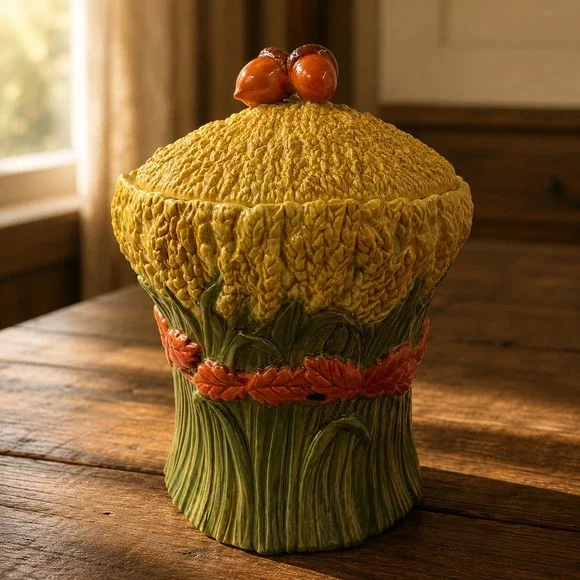 Department 56 Harvest Wheat Ceramic Cookie Jar Autumn Leaf Acorn Fall Decor