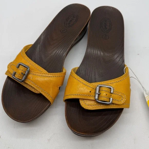 Dr Scholls Womens Yellow Faux Wood Wedge Slide Sandals Size 9 Retro Summer Boho