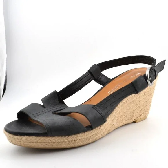 Franco Sarto Wedge Sandals Women 8 Black Espadrille Leather Women‎ Peep Toe