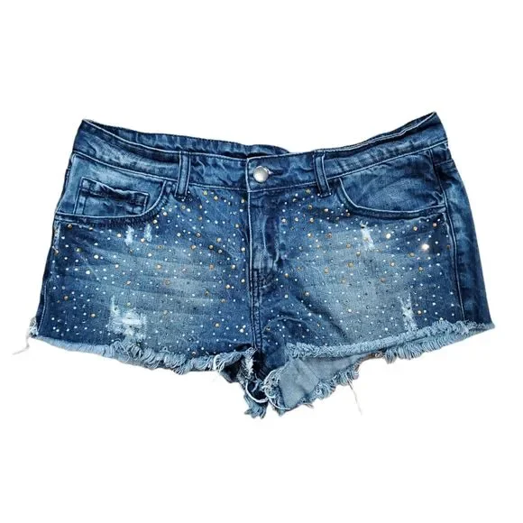 FOREVER 21 Shorts Womens 28 Blue Distressed Studded Cut Off Denim Jeans Outdoor