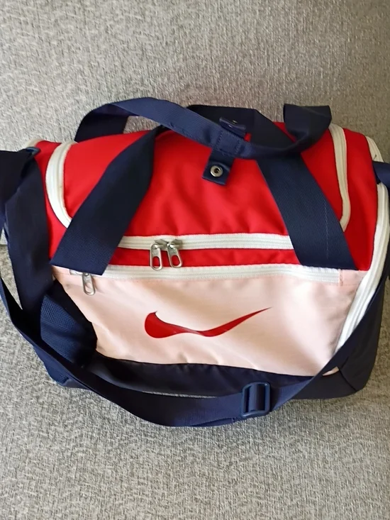 Nike Red and Light Pink Duffel Bag with Navy Straps