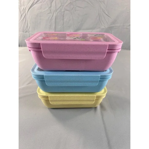 3pc Box Set Pastel Pink Blue Yellow Divided Lunch Containers‎ missing utensils