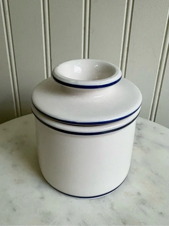 Vintage L Tremain Ceramic Butter Bell Cream & Navy Blue Farmhouse Country Rustic