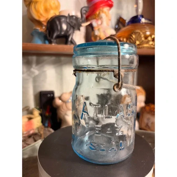 Vintage Atlas E-Z Seal Aqua Blue Glass Canning Jar with Lid and Wire Bail