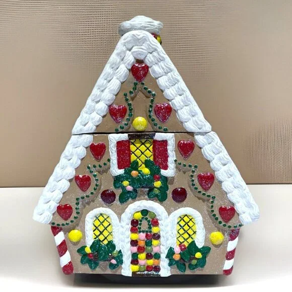 Vintage Handcrafted Gingerbread House Cookie Jar Canister Colorful Glitter 9