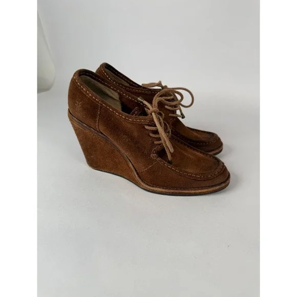 Frye Womens Cognac Brown Suede Lace Up Moc Toe Wedge Booties Shoes‎