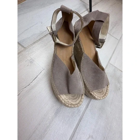 Soludos Grey Suede Espadrille Wedge Sandals Ankle Strap Platform Size 9.5