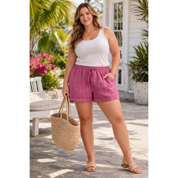 Old Navy Linen Blend Shorts Pink Elastic Waist Drawstring‎ Casual Beach Lounge L