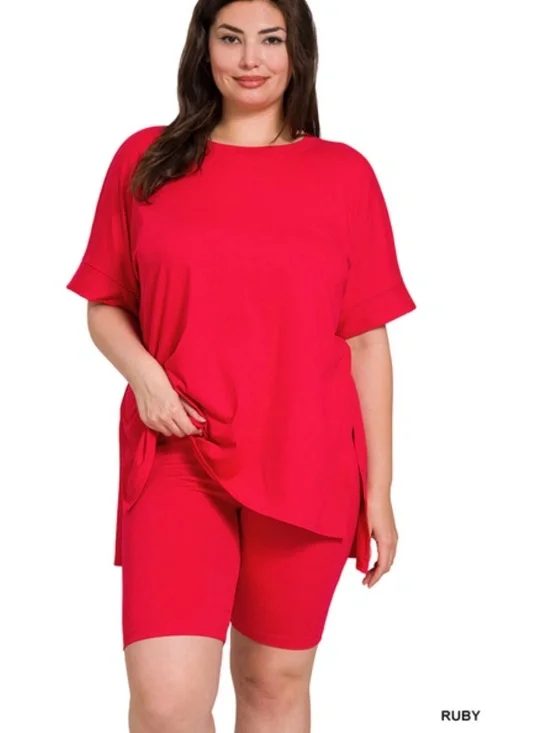 ZENANA PLUS SIZE BIKER SHORT SETS OR LOUNGE WEAR -RUBY RED