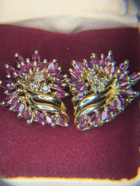 14k Yellow Gold Genuine Ruby And Diamond Earring. Vintage And Papers Included