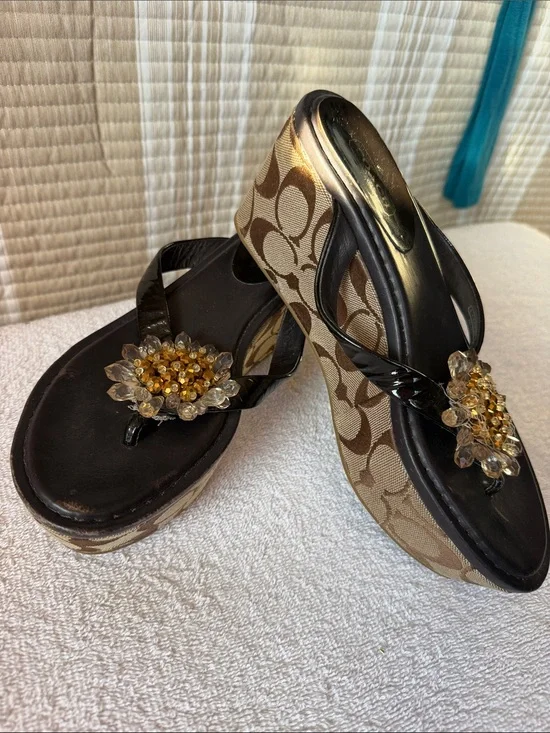 Coach Brown Signature Platform Wedge Sandals with Gold Bead Detail