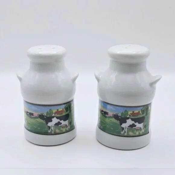 Vintage 90's  Milk Can Dairy Farm With Cows Salt And Pepper Shaker Set Ceramic
