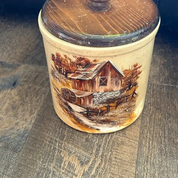Vintage RRP Co Roseville Ohio Stoneware Canister with Wood Lid Water Mill Barn
