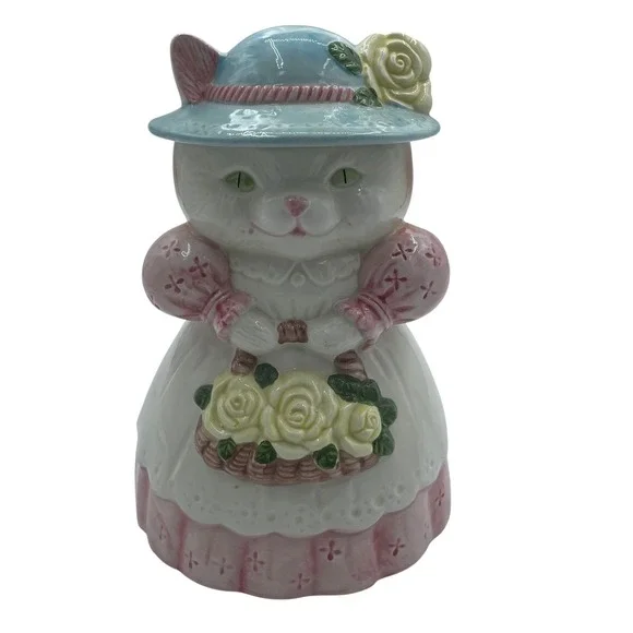 Vintage Ceramic Cat Cookie‎ Jar Victorian Lady Cat Pink Blue White 10 Inch