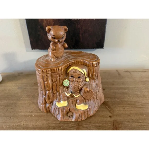 Vintage 1963 Twin Winton Bear Gnome Tree Stump Cookie Jar California USA Ceramic