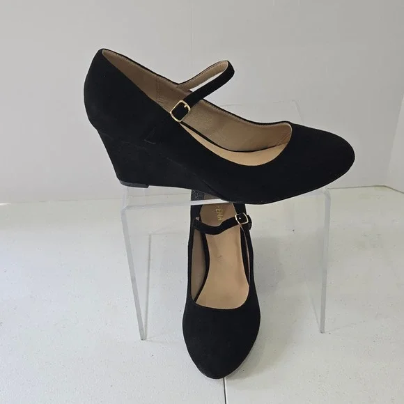 Difema Womens Black Faux Suede Mary Jane Wedge Heels Pumps Size 10 Round Toe