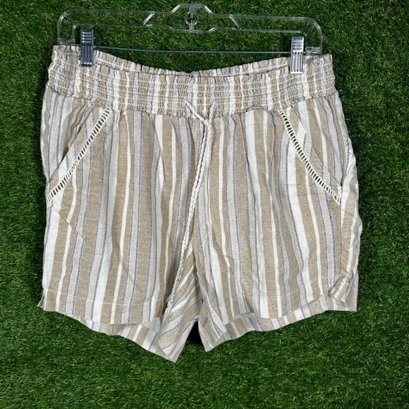 Briggs Womens Striped Linen Blend‎ Shorts Tan Blue White Smocked Waist Size M
