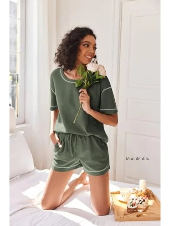 Waffle Knit Two Piece Lounge Set, Shorts Set with Pockets, Soft Matching Outfit
