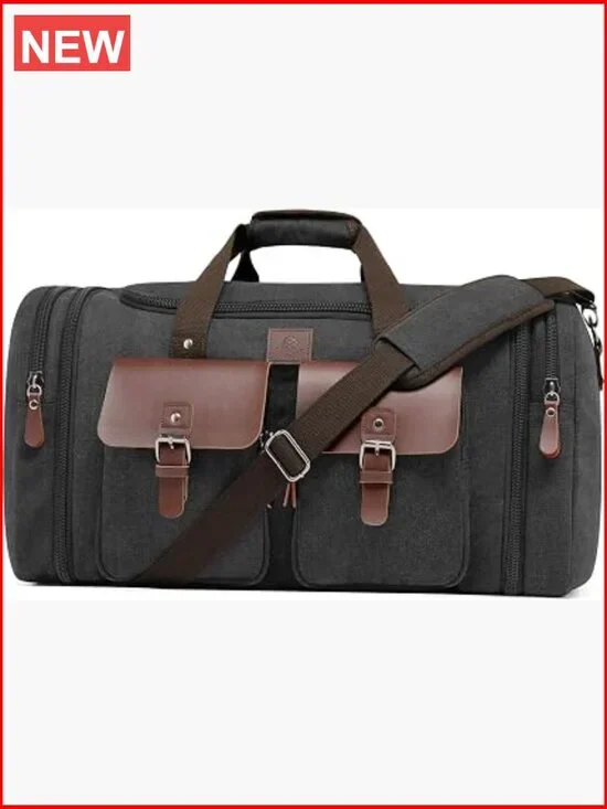 Expandable Canvas Duffle Bag 50L Travel Duffel with Genuine Leather Pockets
